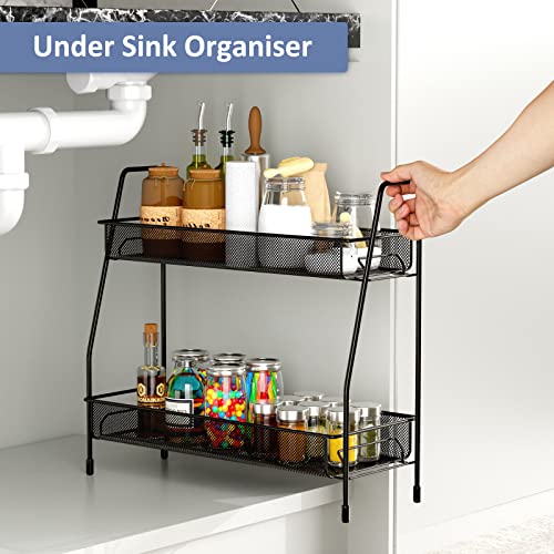 EKNITEY Spice Rack Organizer for Countertop, 2 Tier Bathroom Shelf, Desktop Makeup Organizer, Small Storage Rack for Kitchen, Bath Room, Bedroom and Office (Black) | The Storepaperoomates Retail Market - Fast Affordable Shopping