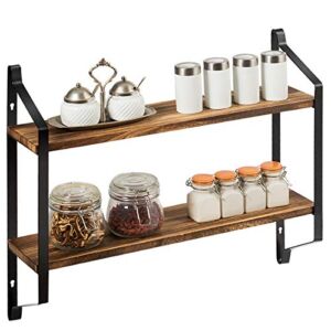 Giantex Wall-Mounted Wood Shelf, 2-Tier Floating Shelves, Rustic Storage Shelves for Pantry Kitchen Living Room, Bedroom, Bathroom, Industrial 2 Tiers Wall Hanging Shelves (Black & Natural)