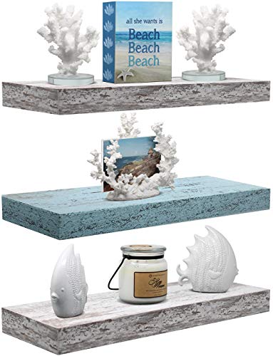Sorbus Floating Shelf Set – Rustic Wood Coastal Beach Style Hanging Rectangle Wall Shelves for Home Décor, Trophy Display, Photo Frames, etc.(Blue/White, 3 Pack) | The Storepaperoomates Retail Market - Fast Affordable Shopping
