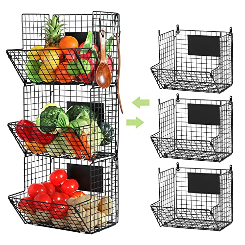 X-cosrack Metal Wire Basket Wall Mount, 3 Tier Wall Storage Basket Organizer with Hanging Hooks Chalkboards, Rustic Kitchen Fruit Produce Bin Rack Bathroom Tower Baskets (Black) | The Storepaperoomates Retail Market - Fast Affordable Shopping