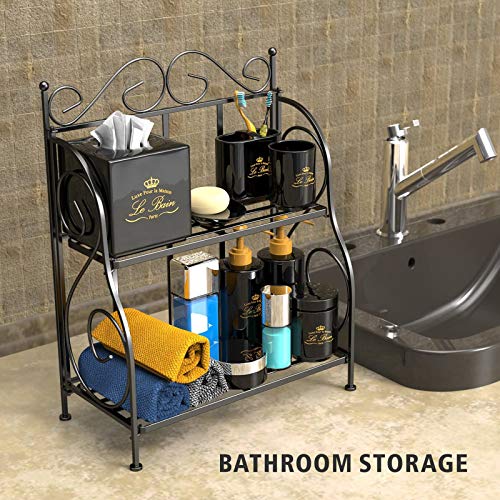 Bathroom Countertop Organizer, F-color 2 Tier Collapsible Kitchen Counter Spice Rack Jars Bottle Shelf Organizer Rack, Black | The Storepaperoomates Retail Market - Fast Affordable Shopping