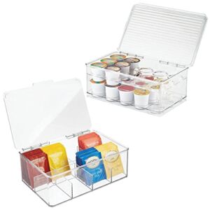 mDesign Stackable Kitchen Box Organizers for Coffee Pods, Tea Bags – Set of 2, Divided, Clear