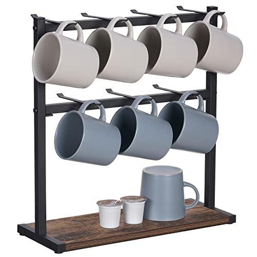 Giikin Coffee Mug Holder Stand for Kitchen Countertop, 2 Tier Metal Coffee Cup Holder with Wooden Shelf, Rustic Mug Tree Rack Holder for Large Mug,14 Hooks, Dark Brown | The Storepaperoomates Retail Market - Fast Affordable Shopping