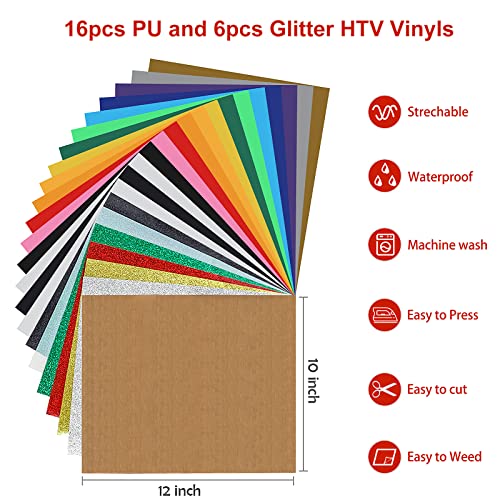 Iron on Vinyl Heat Transfer Vinyl 22 Pack includes 16 Pack Assorted Colors Sheets and 6 Pack Glitter Sheets for T-Shirts Works with Cricut, Silhouette Cameo（10in x 12in） | The Storepaperoomates Retail Market - Fast Affordable Shopping