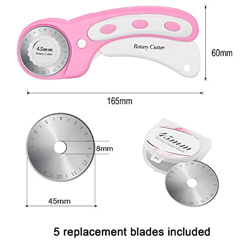 45mm Rotary Cutter with 5pcs Extra Blades, Ergonomic Handle Rolling Cutter with Safety Lock for Fabric, Leather, Crafting, Sewing, Quilting, Fabric Rotary Cutter Perfect for Left & Right Hand(Pink) | The Storepaperoomates Retail Market - Fast Affordable Shopping