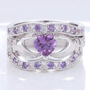 suchadaluckyshop 3PCs Irish Claddagh Celtic Heart Amethyst 925 Silver Wedding Ring Bridal Set New (10)