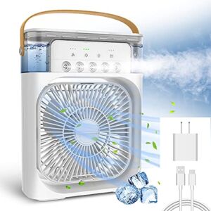 NTMY Portable Air Conditioner Fan, USB Personal Evaporative Air Cooler, Mini Humidifier Misting Fan with 7 Colors LED Light, 1/2/3 H Timer, 3 Wind Speeds and 3 Spray Modes for Office, Home