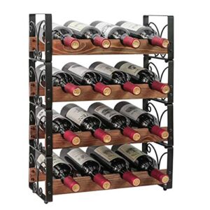 X-cosrack Rustic 16 Bottles Stackable Wine Rack 4 Tier Freestanding Organizer Holder Stand Countertop Liquor Storage Shelf Solid Wood & Iron 16.5″ L x 7.0″ W x 22″ H-Patent Design