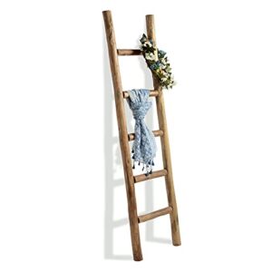 FUIN Fully Assembled 5 Ft Wood Decorative Wall Leaning Blanket Ladders Bathroom Storage Quilt Towel Display Rack Shelf Holder Rustic Farmhouse, Brown
