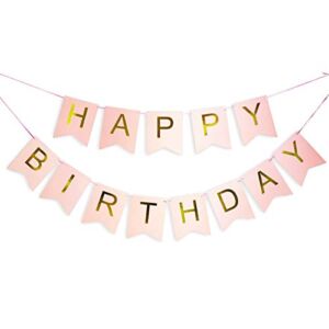 Pink Happy Birthday Banner with Shimmering Gold Letters, Happy Birthday Bunting Banner for Party Decorations, Swallowtail Flag Happy Birthday Sign, gold happy birthday banner for Kids Girls Birthday