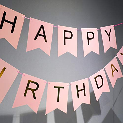 Pink Happy Birthday Banner with Shimmering Gold Letters, Happy Birthday Bunting Banner for Party Decorations, Swallowtail Flag Happy Birthday Sign, gold happy birthday banner for Kids Girls Birthday | The Storepaperoomates Retail Market - Fast Affordable Shopping