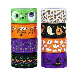 VATIN 40 Yards 1″ Wide Halloween Ribbon Appliques Craft Party Decoration Pumpkin Ghost Skull Wizard Bat Cat Grosgrain Ribbons 8 Rolls for Gift Wrapping DIY Crafts Decor-Clearance
