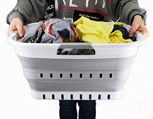 SAMMART 30L (8 gallon) Collapsible 3 Handled Plastic Laundry Basket – Foldable Pop Up Storage Container/Organizer – Space Saving Hamper/Basket (White/Grey) | The Storepaperoomates Retail Market - Fast Affordable Shopping