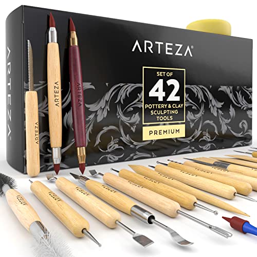 ARTEZA Pottery & Polymer Clay Tools, 42-Piece Sculpting Set, Steel Tip Tools with Wooden Handles, for Pottery Modeling, Smoothing, Carving & Ceramics | The Storepaperoomates Retail Market - Fast Affordable Shopping