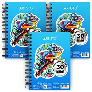 Artisto Watercolor Pads 5.5×8.5”, Pack of 3 (90 Sheets), Spiral Bound, Acid-Free Paper, 140lb (300gsm), Perfect for Most Wet & Dry Media, Ideal for Beginners, Artists & Professionals