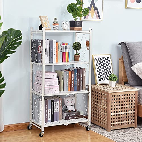 TOOLF 4-Tier Foldable Shelving Unit, Freestanding Metal Storage Shelf with MDF Tabletop, No Assembly Storage Shelves with Wheels for Garage Kitchen Bakers Closet Pantry, Heavy Duty Shelving | The Storepaperoomates Retail Market - Fast Affordable Shopping