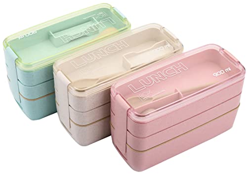 Yesland 3 Packs Bento Box, Japanese Lunch Box with Divider, Wheat Straw 3-In-1 Compartment Stackable Lunch Containers Meal Prep Containers for Kids and Adults (Green/Pink/Beige) | The Storepaperoomates Retail Market - Fast Affordable Shopping