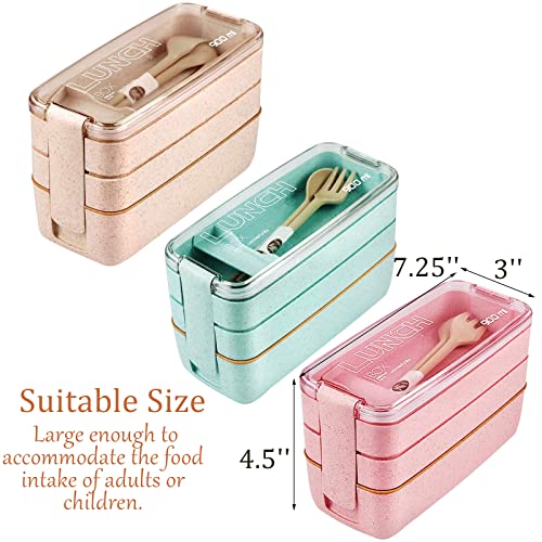 Yesland 3 Packs Bento Box, Japanese Lunch Box with Divider, Wheat Straw 3-In-1 Compartment Stackable Lunch Containers Meal Prep Containers for Kids and Adults (Green/Pink/Beige) | The Storepaperoomates Retail Market - Fast Affordable Shopping