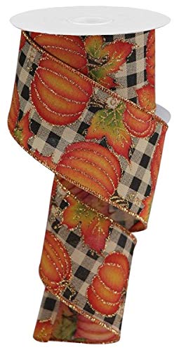 Glitter Pumpkin with Leaves on Check Wired Edge Ribbon, 10 Yards (Beige, 2.5 Inch) | The Storepaperoomates Retail Market - Fast Affordable Shopping