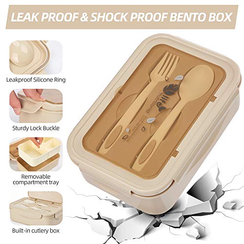 Porzu Bento Lunch Box, 1400 ML Lunch Box Meal PrepFor Kids & Adults，3 Compartments Portable Food Container with Utensil (Beige) | The Storepaperoomates Retail Market - Fast Affordable Shopping