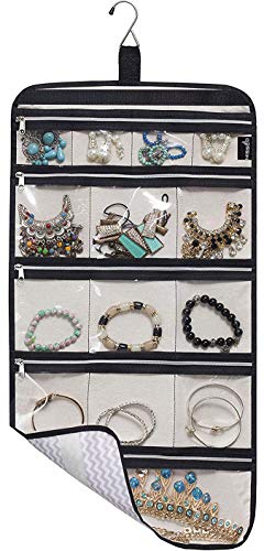MISSLO Hanging Jewelry Organizer Travel Foldable Jewelry Roll Storage Case with 14 Cotton Zippered Pockets for Traveling, Closet, Suitcase | The Storepaperoomates Retail Market - Fast Affordable Shopping