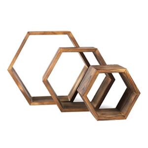 Wooden Hexagon Shelves – Rustic Floating Honeycomb Shelves – Set of 3 – Small, Medium, and Large – Wall Screws Included