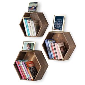 Rustic State Brooks Wall Mount Hexagon Honeycomb Box Geometric Floating Shelf Display Hanging Bookshelf Decorative Picture Ledge with Wood Back – Distressed Walnut – Multi Sizes – Set of 3