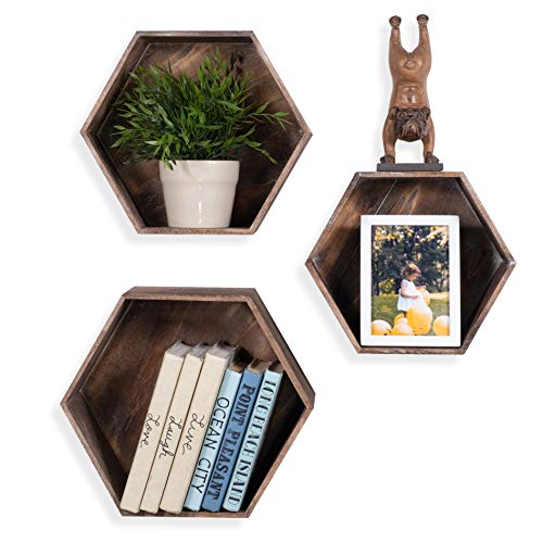 Rustic State Brooks Wall Mount Hexagon Honeycomb Box Geometric Floating Shelf Display Hanging Bookshelf Decorative Picture Ledge with Wood Back – Distressed Walnut – Multi Sizes – Set of 3 | The Storepaperoomates Retail Market - Fast Affordable Shopping