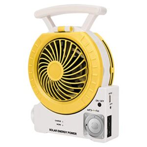 Multi-function Solar Fan Electric Outdoor Fishing Fan with Radio/MP3/Table Lamp/Torch/Cell Phone Charging Function for Camping Fishing and Hurricane Emergency (yellow)