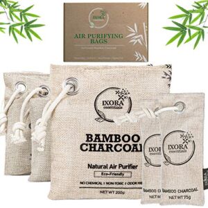 Ixora Essentials Bamboo Charcoal Air Purifying Bag, Charcoal Bags Odor Absorber for Home with Activated Bamboo Charcoal. 5 Pack (3 x 200g and 2 x 75g) of Charcoal Odor Absorber, Car Odor Eliminator, Pet Friendly