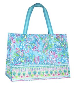 Lilly Pulitzer Blue/Green XL Market Shopper Bag, Oversize Reusable Grocery Tote with Comfortable Shoulder Straps, Aqua La Vista