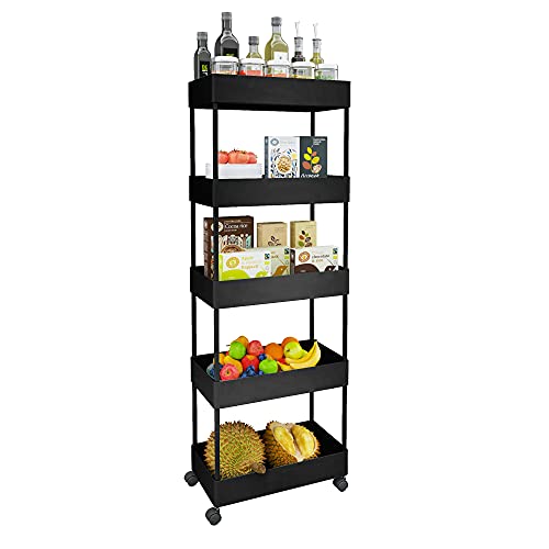 5-Tier Slim Storage Cart Organizers Rolling Utility Cart Slide Out Storage Mobile Shelves for Office, Kitchen, Bedroom, Bathroom, Laundry Room, Black | The Storepaperoomates Retail Market - Fast Affordable Shopping