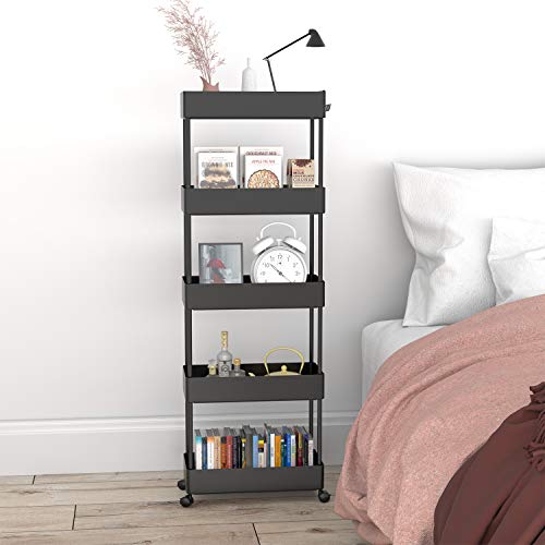 5-Tier Slim Storage Cart Organizers Rolling Utility Cart Slide Out Storage Mobile Shelves for Office, Kitchen, Bedroom, Bathroom, Laundry Room, Black | The Storepaperoomates Retail Market - Fast Affordable Shopping