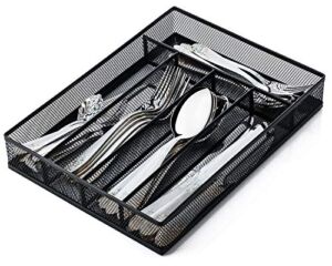 JANE EYRE Utensil Drawer Organizer, Cutlery Tray Silverware Flatware Storage Divider for Kitchen, Mesh Wire with Non-slip Foam Feet, 5 Component, Black