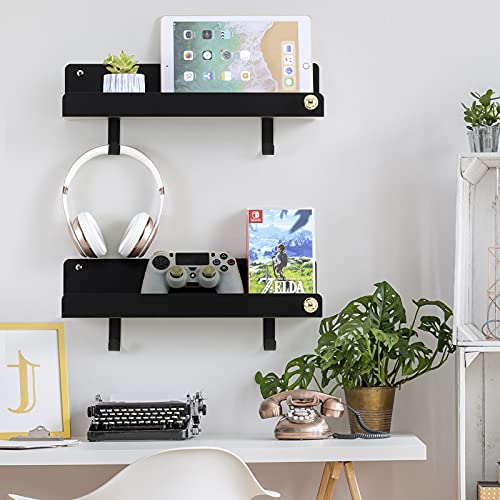 ELSKER&HOME Black Floating Shelves for Wall Mounted,Decorative Metal Shelf with 4 Hooks，Modern Floating Bookshelf Set of 2 Pack，15.8”Lx4”Wx3.6”H | The Storepaperoomates Retail Market - Fast Affordable Shopping