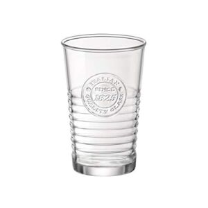 Bormioli Rocco Officina Water Glasses – Set Of 4 Clear Drinking Tumblers With Textured Ring Design & Vintage Stamp Logo – 11oz High Capacity Tall Cups For Soda, Juice, Milk, Coke, Beer, Spirits