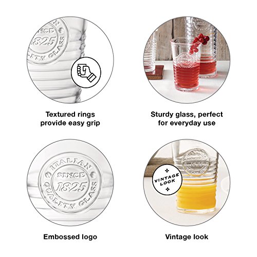 Bormioli Rocco Officina Water Glasses – Set Of 4 Clear Drinking Tumblers With Textured Ring Design & Vintage Stamp Logo – 11oz High Capacity Tall Cups For Soda, Juice, Milk, Coke, Beer, Spirits | The Storepaperoomates Retail Market - Fast Affordable Shopping