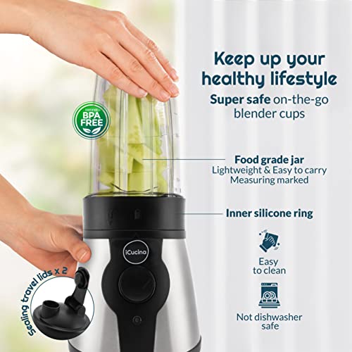 iCucina Personal Portable Bullet Blender, 300 Watt For Shakes and Smoothies, Easy To Clean, Shake Blender with One-Button Operation, 28oz Blender Cups with To-Go Lids | The Storepaperoomates Retail Market - Fast Affordable Shopping