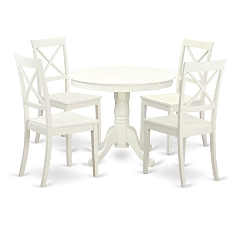 East-West Furniture Dinette Set- 4 Fantastic Wood Dining Chairs – A Lovely Round Wooden Table- Wooden Seat and Linen White Pedestal Dining Table | The Storepaperoomates Retail Market - Fast Affordable Shopping