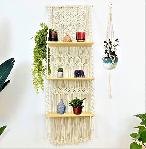 Macrame Wall Hanging Shelf-ideal décor-plants storage bookshelf-Bohemian Decorative Shelves-Boho Floating Indoor Shelving–For bedroom kitchen bathroom room with window Plant hanger 3 Tier Diamond | The Storepaperoomates Retail Market - Fast Affordable Shopping