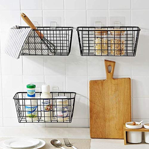LeleCAT Hanging Kitchen Baskets For Storage Adhesive Sturdy Small Wire Storage Baskets with Kitchen Food Pantry Bathroom Shelf Storage No Drilling Wall Mounted,2 PACK,Black | The Storepaperoomates Retail Market - Fast Affordable Shopping