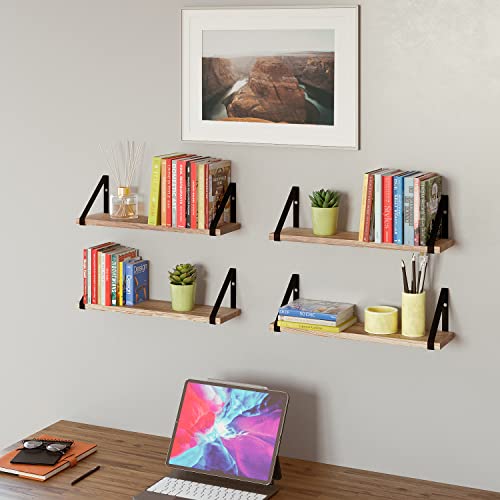 Wallniture Ponza Floating Shelves Wall Mounted Set of 4, Storage Shelves for Kitchen, Pantry, Bathroom, Living Room, Bedroom, Natural Burned Rustic Wood Wall Decor with Metal Floating Shelf Bracket | The Storepaperoomates Retail Market - Fast Affordable Shopping