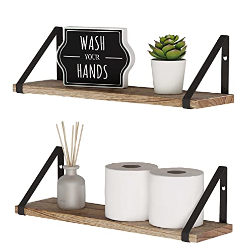 Wallniture Floating Shelves Bathroom Storage Wall Mount Home Decor Bedroom Kitchen Laundry Room Organizer with Black Brackets and Natural Burned Rustic Wood Shelves Set of 2 | The Storepaperoomates Retail Market - Fast Affordable Shopping