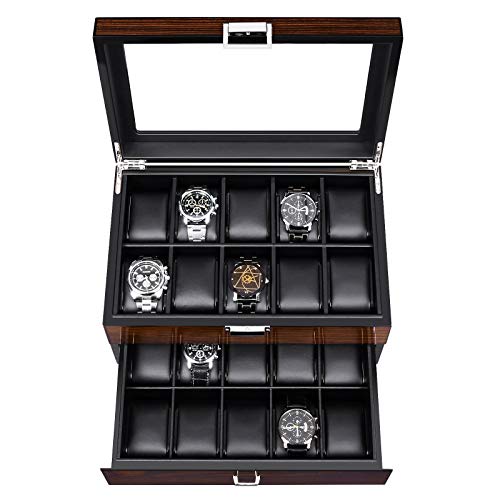BEWISHOME Watch Box 20 Slots Watch Case for Men – Luxury Watch Organizer with Glass Top,Smooth Faux Leather Interior, Brown SSH04Y | The Storepaperoomates Retail Market - Fast Affordable Shopping