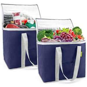 Insulated-Grocery-Bag-Thermal-Cooler-Shopping-Tote 2 Pack X-Large 60LBS Reusable and Durable with Zipper Collapsible for Hot Cold Frozen Food Transport Blue