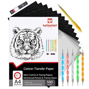 Raimarket 112 Pcs Black Carbon Paper for Tracing On Fabric, Wood and Sewing Includes 5 Tracing Paper for Sewing Patterns, 1 Pencil and 1 Lead Box, 5 Stylus, A4 Size (9 X 13) Graphite Transfer Paper