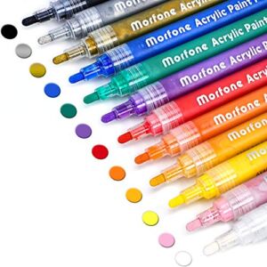 Morfone Acrylic Paint Marker Pens, Set of 12 Colors Markers Water Based Paint Pen for Rock Painting, Canvas, Photo Album, DIY Craft, School Project, Glass, Ceramic, Wood, Metal (Medium Tip)