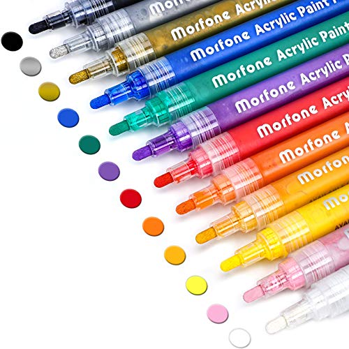 Morfone Acrylic Paint Marker Pens, Set of 12 Colors Markers Water Based Paint Pen for Rock Painting, Canvas, Photo Album, DIY Craft, School Project, Glass, Ceramic, Wood, Metal (Medium Tip) | The Storepaperoomates Retail Market - Fast Affordable Shopping