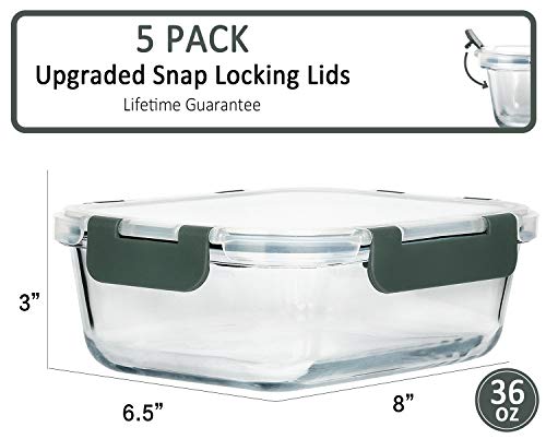 [5-Packs, 36 Oz.] Glass Meal Prep Containers with Lifetime Lasting Snap Locking Lids Glass Food Containers,Airtight Lunch Container,Microwave, Oven, Freezer and Dishwasher (4.5 Cup) | The Storepaperoomates Retail Market - Fast Affordable Shopping