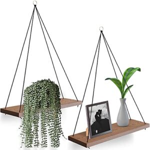 Hanging Shelves for Wall – Set of 2 Hanging Plant Shelf – Cute Boho Room Decor for Bedroom, Bathroom, Living Room – Rope Farmhouse Wooden Floating Small Bookshelves – Window, Macrame, No Drill – Brown